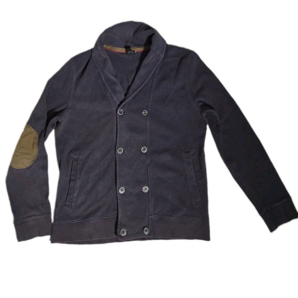 H&M Navy Shawl Collar Double Breasted Sweatshirt Cardigan Elbow Patch XL GUC